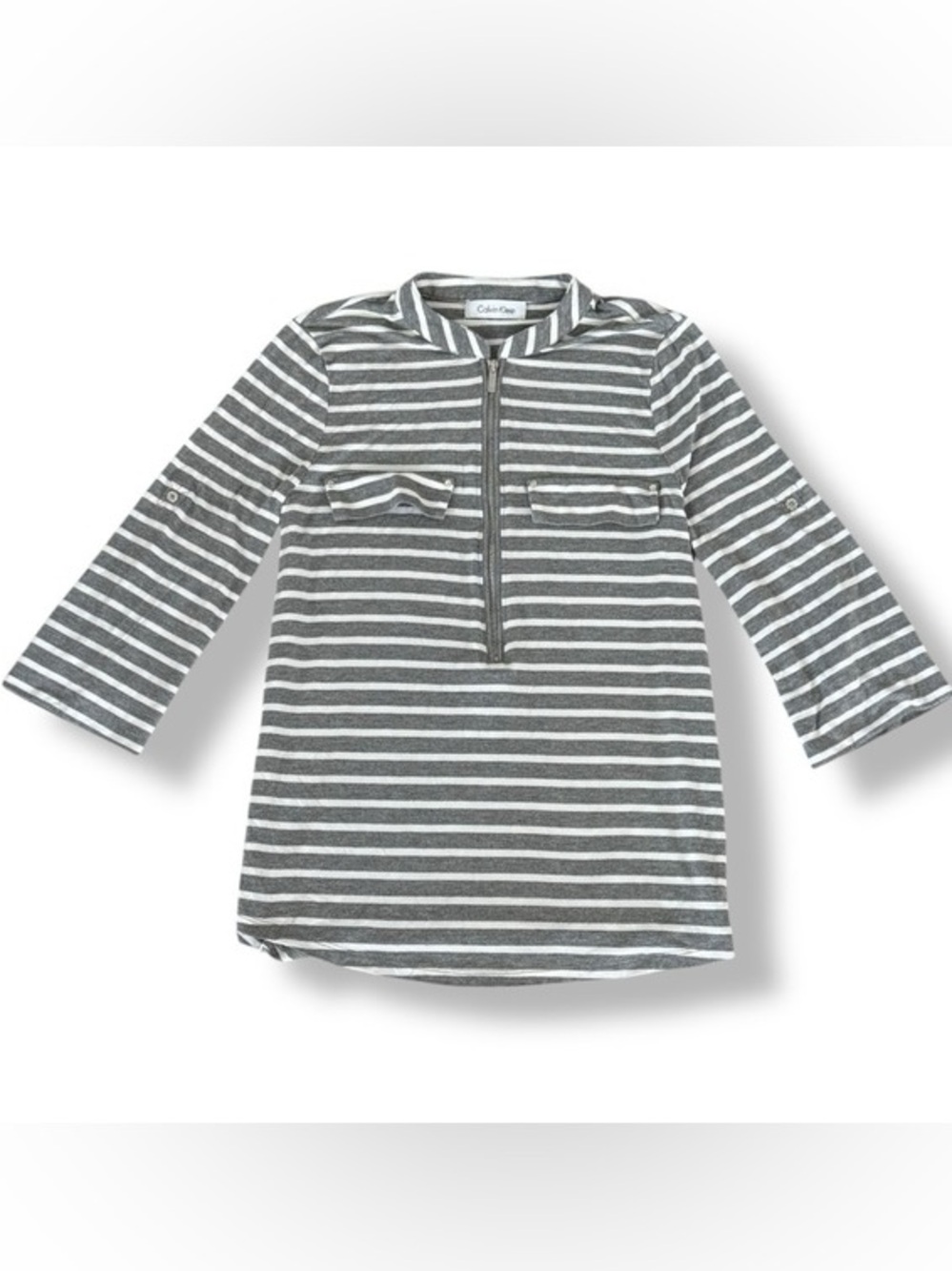 Calvin Klein Women’s Gray Striped Half Zip Lightweight Rayon 3/4 Sleeve Top
